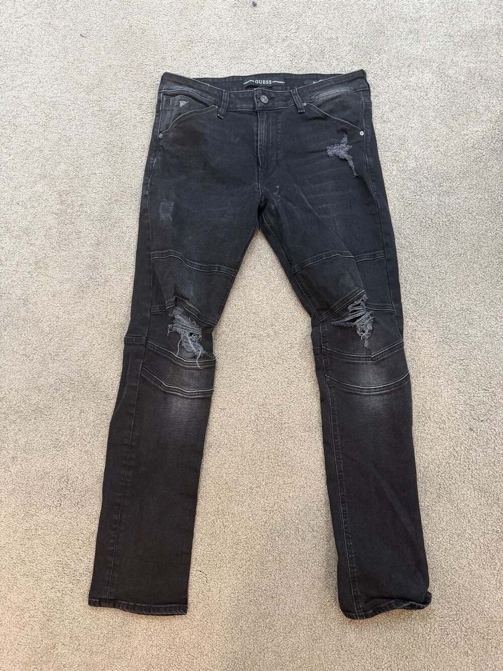 GUESS Men's Black Distressed Moto Biker Skinny Jeans Size 32x32